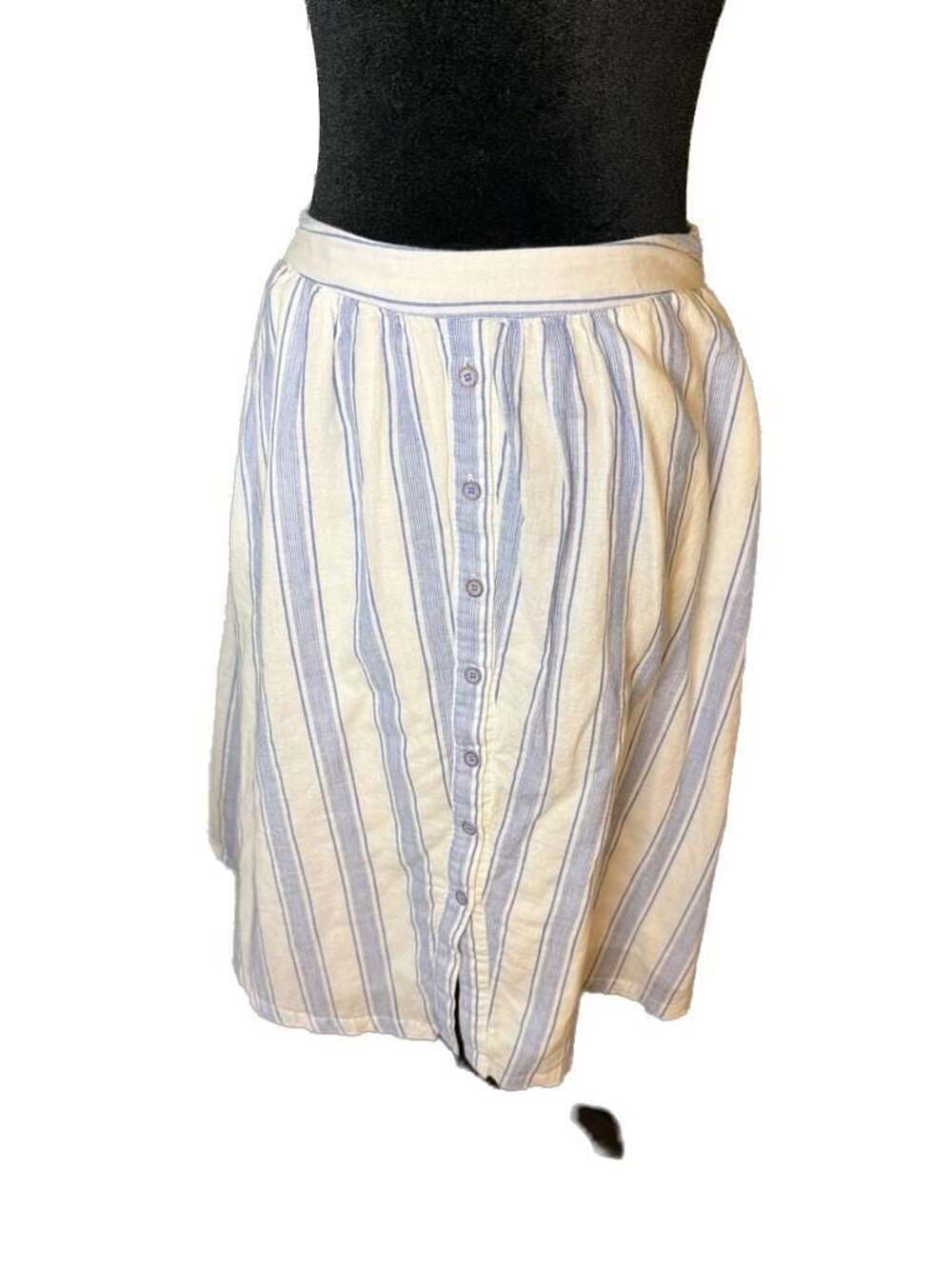Skies Are Blue White and Blue Striped Button-Down Linen Blend Midi Skirt
